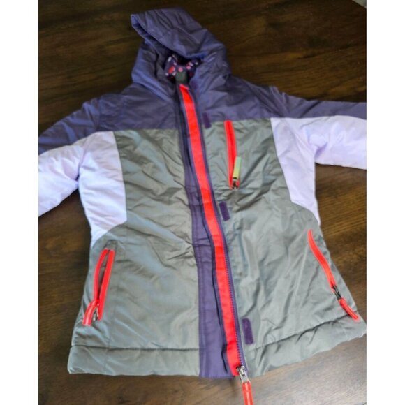 Girls Purple & Gray Hooded Winter Jacket With Polka Dot Lining Red Zippers & Fle - Picture 15 of 16